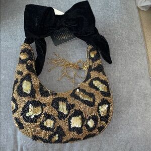 Viral Beaded  Leopard Sequin Bag with Black Bow
